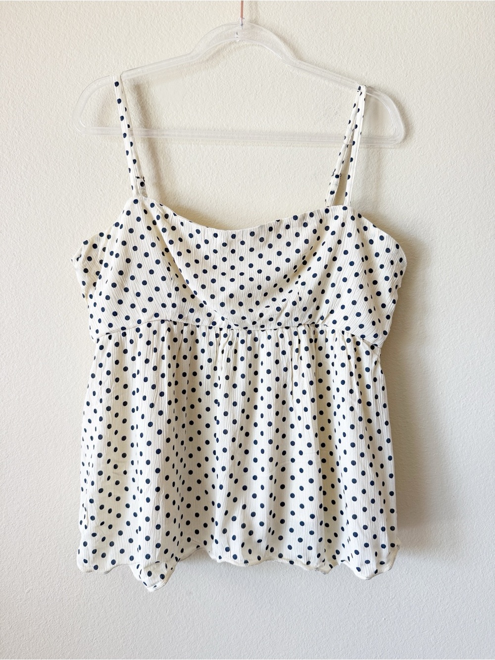 NWT Hollister Ivory Navy Polka Dot Smocked Babydoll Cami Top